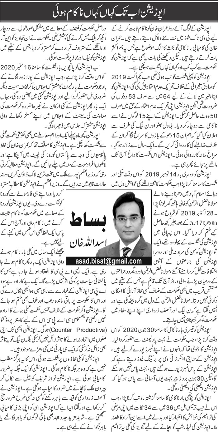 Opposition Kahan Kahan Nakam Hui | Asad Ullah Khan | Daily Urdu Columns